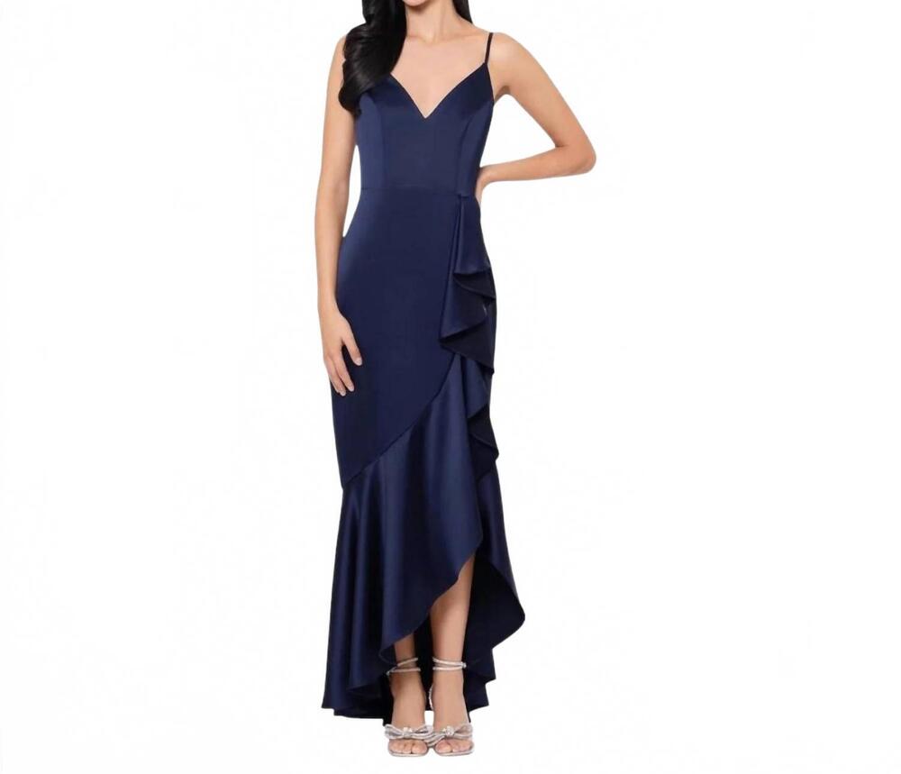 NEW XSCAPE satin ruffle high low formal dress in navy